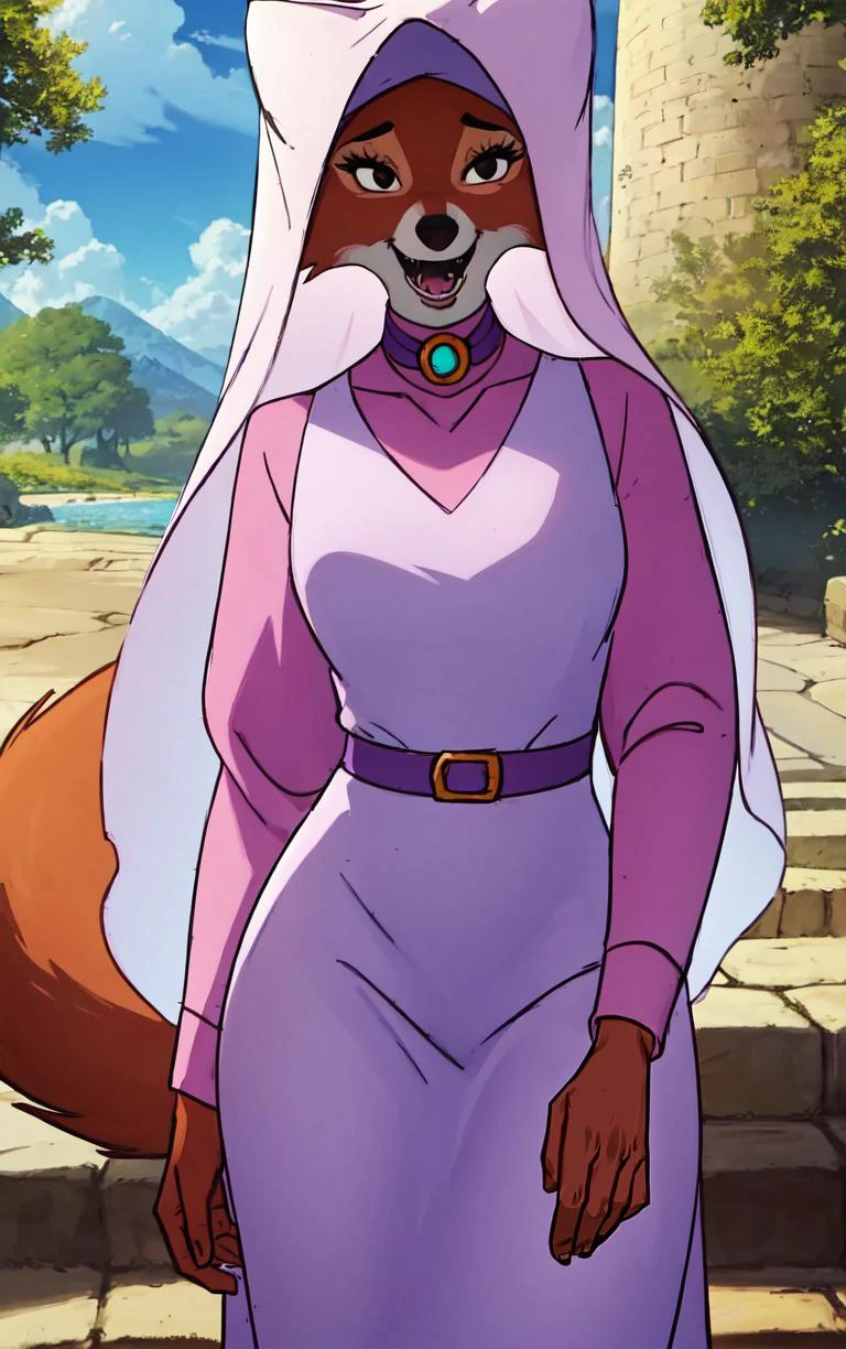 CARTOON_MaidMarian_ownwaifu,
1girl, furry, furry female, animal ears, black eyes, body fur, snout, two-tone fur, orange fur, animal nose, fangs, tail,
dress, long sleeves, purple dress, veil, choker, jewelry, brooch, hood up, long dress, belt, gem, puffy sleeves,
<lora:CARTOON_MaidMarian_ownwaifu:1>
((masterpiece)),((best quality)),(highres, absurdres), original, official_art, looking at viewer, solo, focused, outdoors, day, cowboy shot,