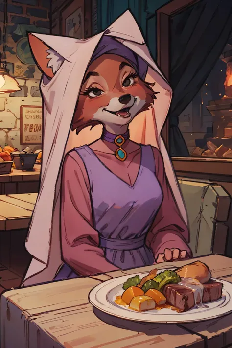 CARTOON_MaidMarian_ownwaifu, furry female fox, animal ears, black eyes, animal nose, orange skin, tail, choker, purple dress, long sleeves, looking at viewer, smiling, sitting, behind table, inside diner, table full of food, steak, vegetables, high quality, masterpiece, <lora:CARTOON_MaidMarian_ownwaifu:.8>