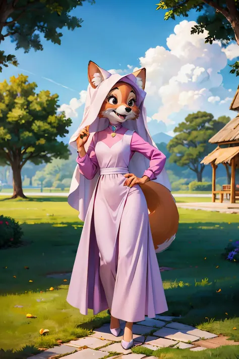 CARTOON_MaidMarian_ownwaifu, furry female fox, animal ears, black eyes, animal nose, orange fur, fangs, tail,veil,purple dress, long sleeves,choker, looking at viewer, smiling, full body shot,standing, outside, village,blue sky, high quality, masterpiece, <lora:CARTOON_MaidMarian_ownwaifu:.8>