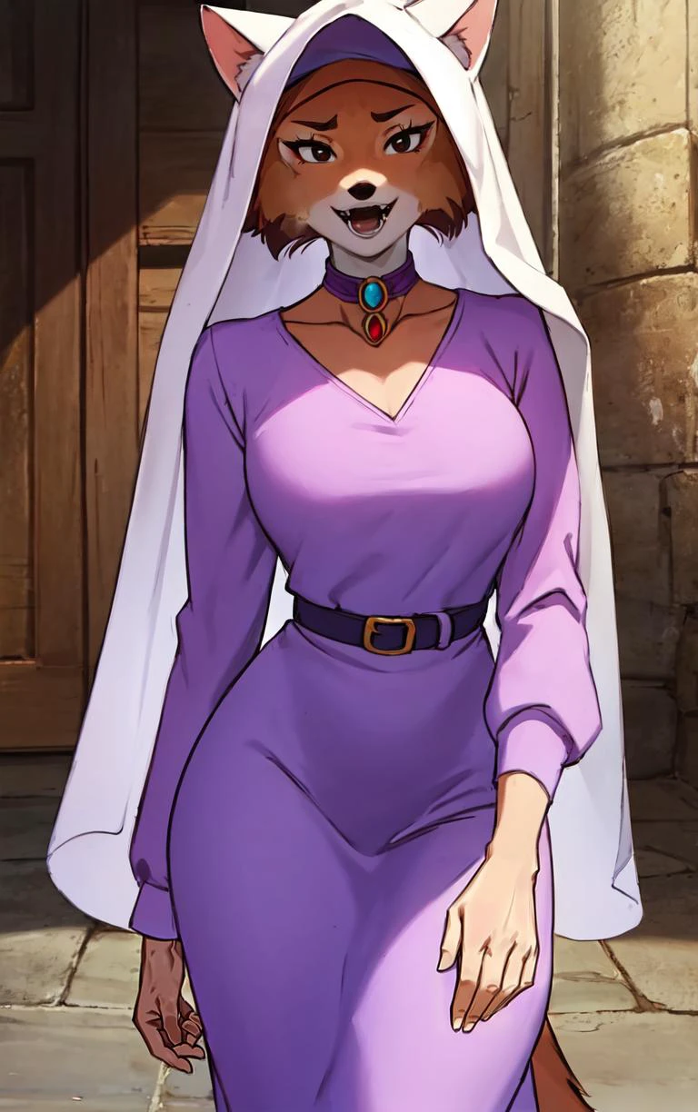 CARTOON_MaidMarian_ownwaifu,
1girl, furry, furry female, animal ears, black eyes, body fur, snout, two-tone fur, orange fur, animal nose, fangs, tail,
dress, long sleeves, purple dress, veil, choker, jewelry, brooch, hood up, long dress, belt, gem, puffy sleeves,
<lora:CARTOON_MaidMarian_ownwaifu:0.65>
((masterpiece)),((best quality)),(highres, absurdres), original, official_art, looking at viewer, solo, focused, outdoors, day, cowboy shot,