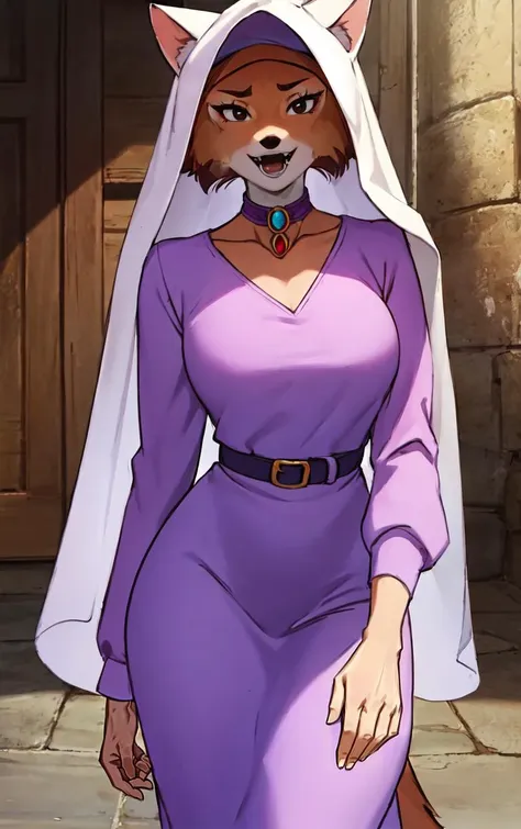 CARTOON_MaidMarian_ownwaifu,
1girl, furry, furry female, animal ears, black eyes, body fur, snout, two-tone fur, orange fur, animal nose, fangs,  tail,
dress, long sleeves, purple dress, veil, choker, jewelry, brooch, hood up, long dress, belt, gem, puffy sleeves,
<lora:CARTOON_MaidMarian_ownwaifu:0.65>
((masterpiece)),((best quality)),(highres, absurdres), original, official_art, looking at viewer, solo, focused, outdoors, day, cowboy shot,