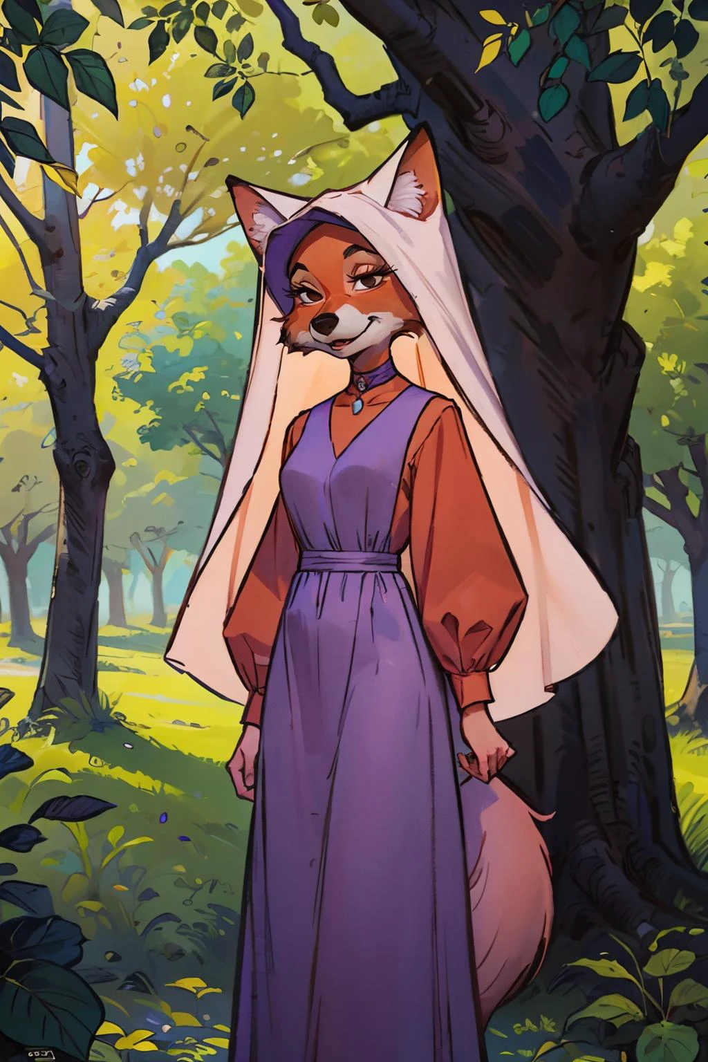 CARTOON_MaidMarian_ownwaifu, furry female fox, animal ears, black eyes, animal nose, orange fur, tail,veil,purple dress, long sleeves,choker, looking at viewer, serious, standing, outside, forest, natural lighting, high quality, masterpiece, <lora:CARTOON_MaidMarian_ownwaifu:.8>