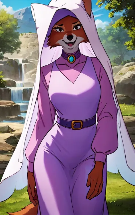 CARTOON_MaidMarian_ownwaifu,
1girl, furry, furry female, animal ears, black eyes, body fur, snout, two-tone fur, orange fur, animal nose, fangs,  tail,
dress, long sleeves, purple dress, veil, choker, jewelry, brooch, hood up, long dress, belt, gem, puffy sleeves,
<lora:CARTOON_MaidMarian_ownwaifu:0.9>
((masterpiece)),((best quality)),(highres, absurdres), original, official_art, looking at viewer, solo, focused, outdoors, day, cowboy shot,