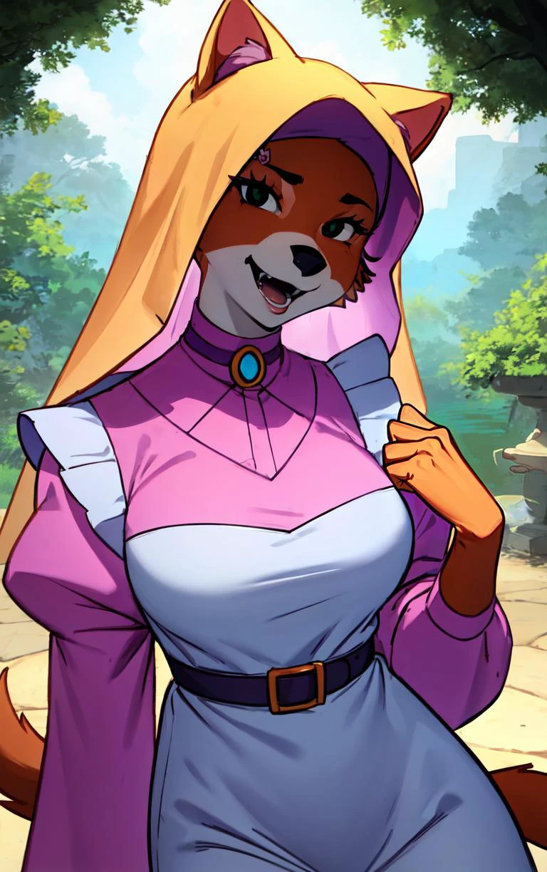 CARTOON_MaidMarian_ownwaifu,
1girl, furry, furry female, animal ears, black eyes, body fur, snout, two-tone fur, orange fur, animal nose, fangs, tail,
dress, long sleeves, purple dress, veil, choker, jewelry, brooch, hood up, long dress, belt, gem, puffy sleeves,
<lora:CARTOON_MaidMarian_ownwaifu:0.65>
((masterpiece)),((best quality)),(highres, absurdres), original, official_art, looking at viewer, solo, focused, outdoors, day, cowboy shot,