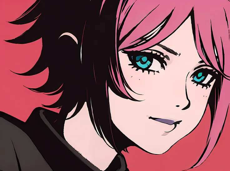 textured image, paper, masterpiece, moshimoshibe, 1girl, pink hair, short hair,subtle smile, black see through shirt, black skirt, dynamic pose, close up, duotone background, <lora:moshimoshibe:0.85>, flat shading, goth, purism, anime aesthetic, toonami, dark and mysterious, acel shaded, vector art, ultrafine detailed painting, hard light