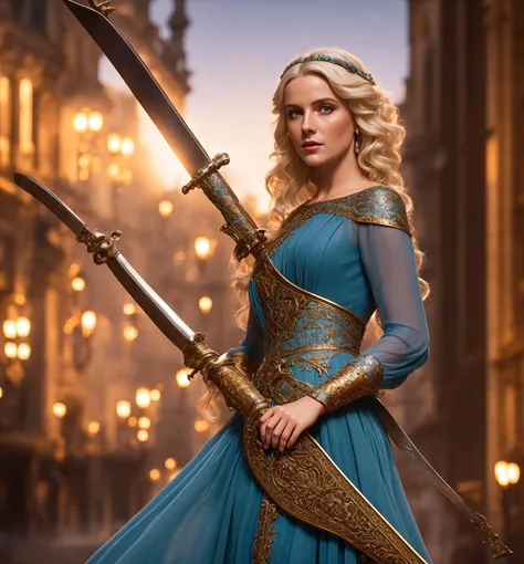 a woman in a blue dress holding a sword, a character portrait, cgsociety contest winner, fantasy art, whimsical, fantasy, hd, dress crystal crystallized pastel ornate drops transparent, hair blonde , fantasy, Medieval, epic hyper-detailed masterpiece ultra-wide, cinematic still , glamour hyper shoot , bokeh, pre-raphaelite, photo, realistic, octane render, 35 mm, photography , 8k resolution , 8 k, cinematic lighting, photographic, Eastman Kodak Color Negative film 5251 50T shot on panavision super , art by Bagshaw Tom, stanley, greg rutkowski, thomas kindkade, norman rockwell