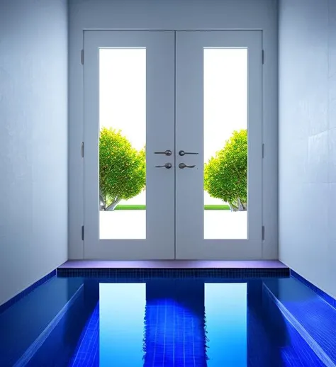 backroom, liminal space,Level-37,Sublimity,inside,water,white tiles,reflection,blue lighting,pool,BREAK, door, (photorealistic), [sharp focus], (HDR), (8k), (gigapixel), (masterpiece)