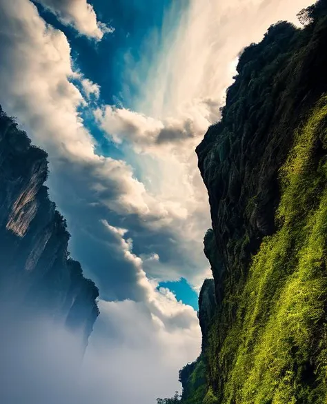 ((masterpiece)), (((best quality))), ((ultra-detailed)), (Amazing:1.1), beautiful, nature, sky and ground, heavy wind, windsweeped, line cloud,Light shoot from the cloud, in a deep treacherous gorge