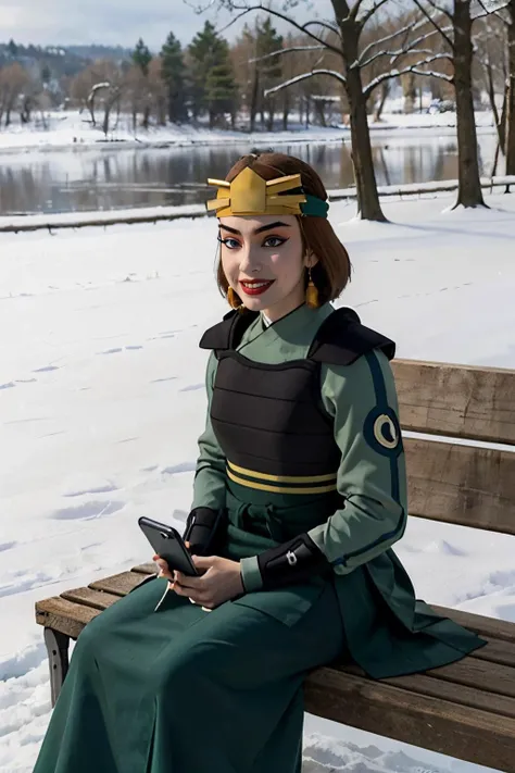 suki, brown hair, blue eyes, makeup, lipstick,kyoshiwarrior,headband, green armor, long sleeves, long skirt, looking at viewer, serious, smiling, sitting, on bench, holding cellphone, outside, park,lake, trees, snow, winter, overcast, high quality, masterpiece,<lora:suki:.7>