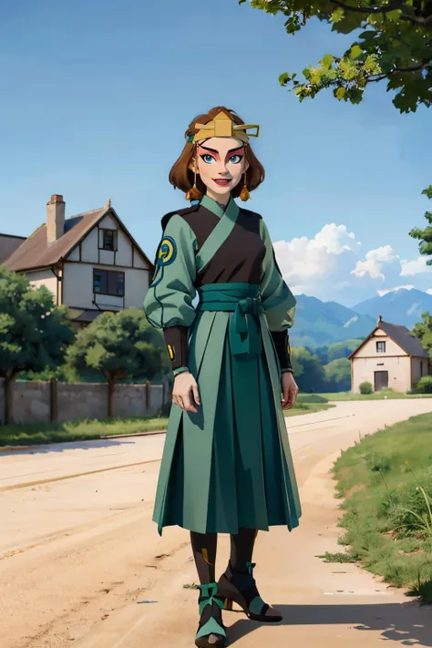 suki, brown hair, blue eyes, makeup, lipstick,kyoshiwarrior,headband, green armor, long sleeves, long skirt,looking at viewer, smiling, standing, full body shot, outside, village, path, blue sky, high quality, masterpiece, 
 <lora:suki:.7>