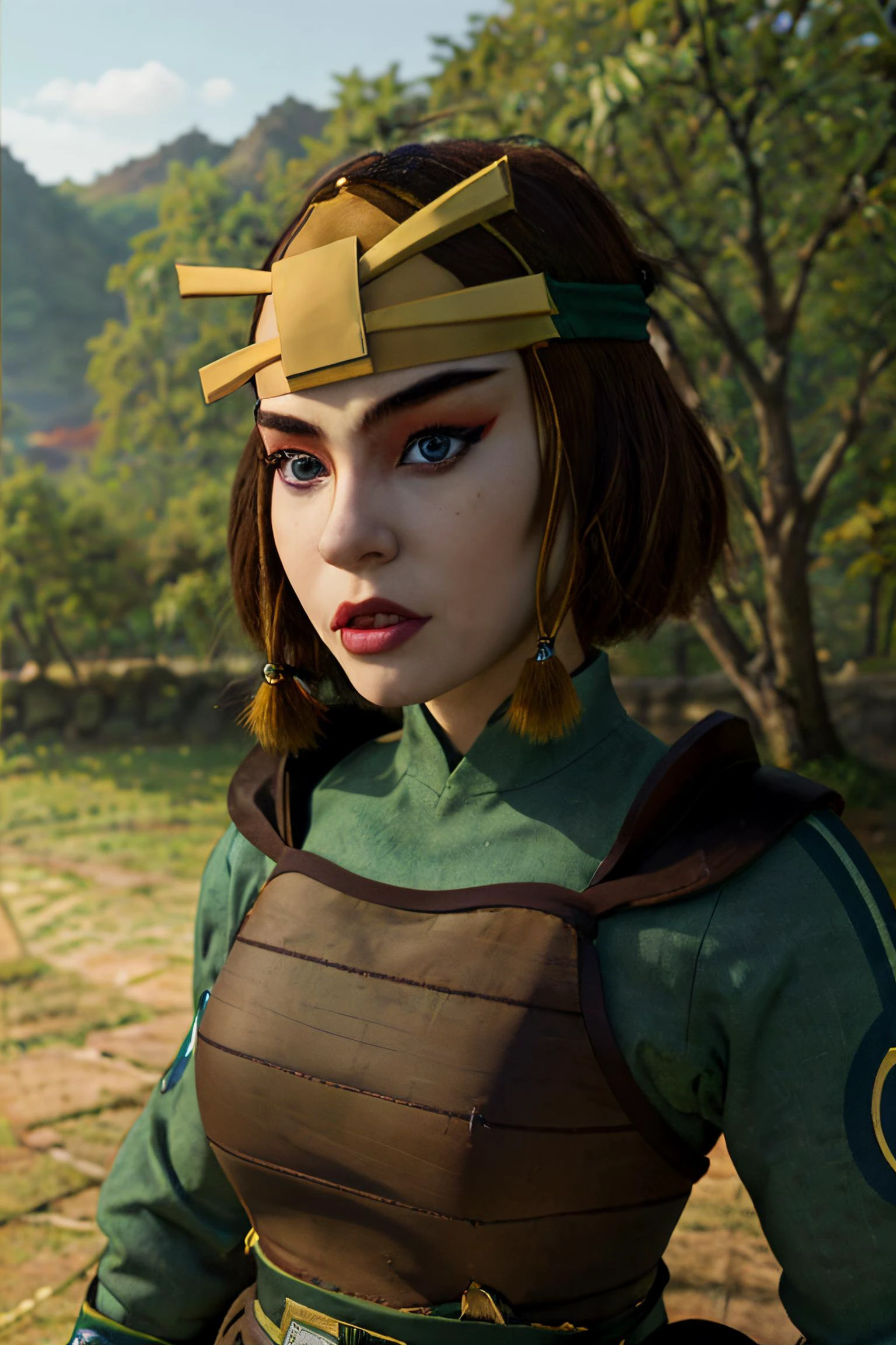 <lora:suki:0.7>, 1girl, suki, brown hair, blue eyes, kyoshiwarrior, makeup, lipstick, headband, green armor, long sleeves, gloves, she fights, <lora:add_detail:2>