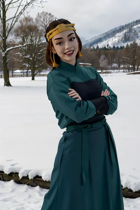 suki, brown hair, blue eyes, makeup, lipstick,kyoshiwarrior,headband, green armor, long sleeves, long skirt, looking at viewer, smiling, medium shot, standing, outside, park,lake, trees, snow, winter, overcast, high quality, masterpiece,<lora:suki:.7>