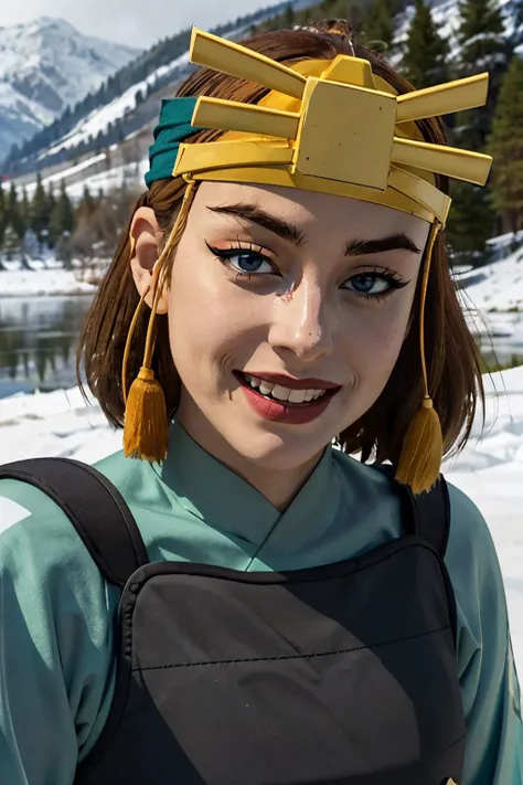 suki, brown hair, blue eyes, makeup, lipstick, kyoshiwarrior, green armor, headband, looking at viewer, smiling, close up, outside, lake, snow, winter, overcast, high quality, masterpiece,<lora:suki:.7>