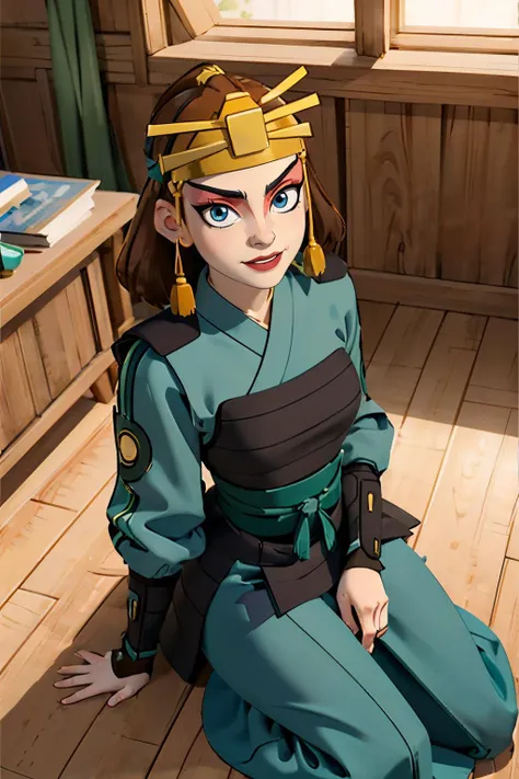 suki, brown hair, blue eyes,makeup, lipstick,kyoshiwarrior,headband, green armor, long sleeves, long skirt,looking at viewer, serious, smirk, sitting, wariza, on floor, inside living room, from_above, soft lighting, high quality, masterpiece,<lora:suki:.7>