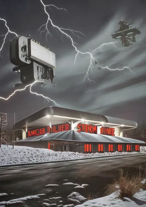 1985 Pennsylvania town American diner, storm, galaxy, rain, constructionism, futuristic-fractalpunk