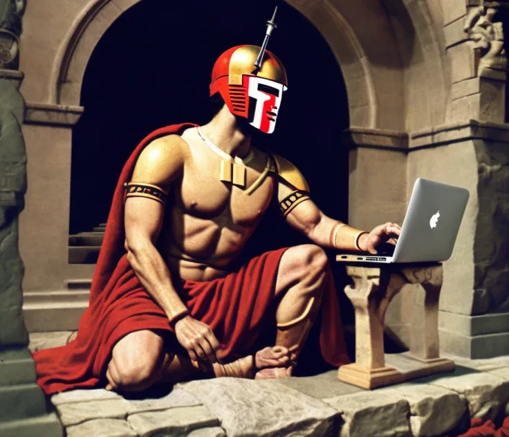 colorful photography of spartan soldier from ancient Greece ((using MacBook:1.1)), sitting