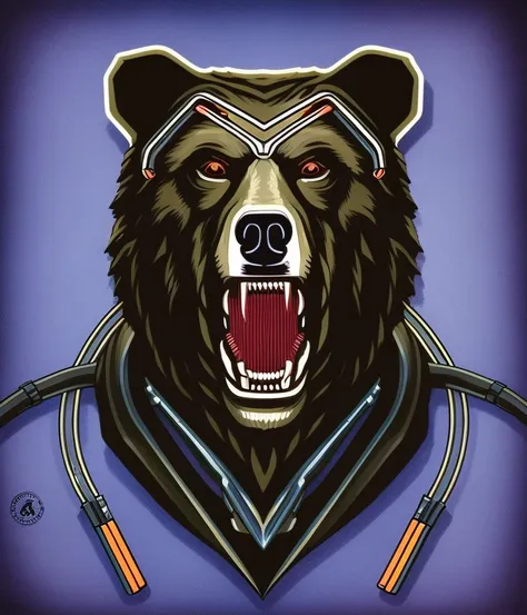 cybernetic bear roaring illustration ins tyle of  cyberpunk dieselpunk, cables wires connectors, masterpiece, chips, volumetric rim light, vintage, (professional t-shirt design)