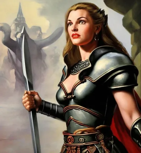 a painting of an attractive  (fantasy european Norwegian viking woman), a medieval viking female armour, rule of thirds, fabian perez and frank frzetta, (fantasy viking woman:1.3), medium shot, (shallow depth of field:1.1), detailed background, pulp