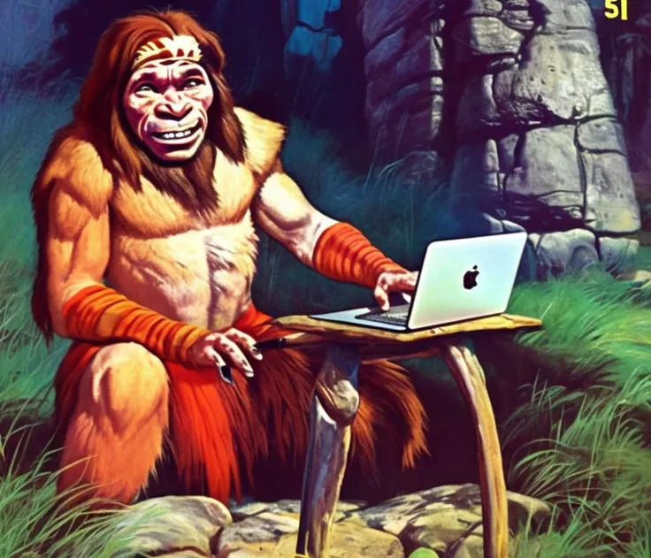 colorful photography of  neanderthal from stone age using mcBook, sitting