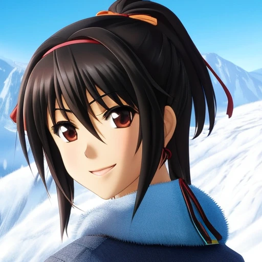 masterpiece, best quality, A teenage girl wearing a white feather jacket, smile, in the style of Kyoto Animation in the 2010s, official art, ((((black hair)), eyes of Haruhi Suzumiya, face of Haruhi Suzumiya)), beautiful symmetric face, beautiful eyes, ponytail, beautifully detailed hair, at a snowing mountain on a winter day, alone, solo, 8k, posing of Haruhi Suzumiya