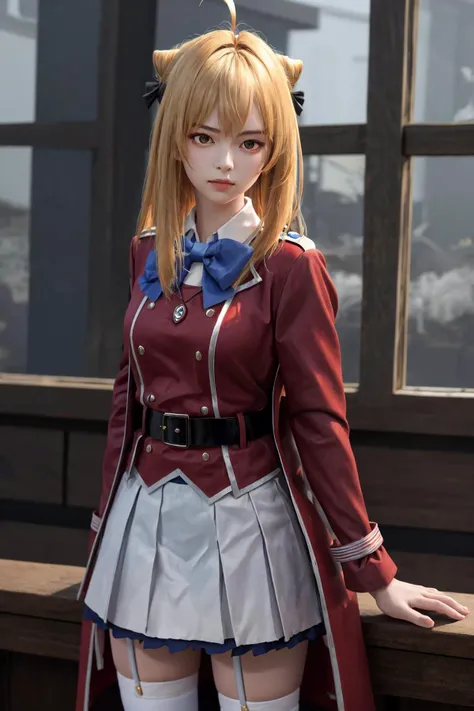 masterpiece, best quality, highres, 1girl hair bun ahoge hair bow, red jacket necklace white skirt black belt blue bowtie white thighhighs garter straps <lora:terakomari_gandesblood:1> photorealistic