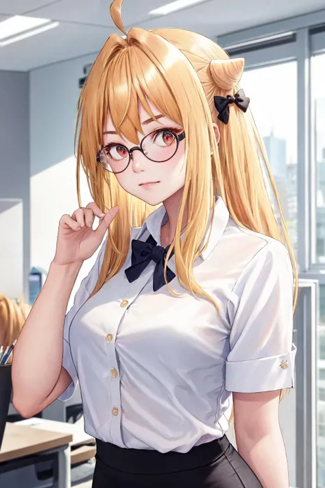 masterpiece, best quality, highres, 1girl hair bun ahoge hair bow <lora:terakomari_gandesblood_no_outfit:1> white shirt, pencil skirt, office lady, glasses