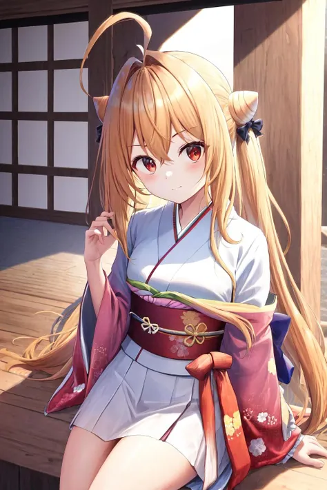 masterpiece, best quality, highres, 1girl hair bun ahoge hair bow <lora:terakomari_gandesblood_no_outfit:1> kimono