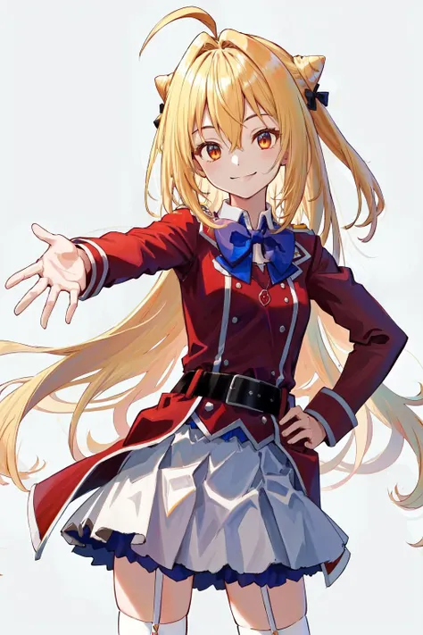 masterpiece, best quality, highres, 1girl hair bun ahoge hair bow, red jacket necklace white skirt black belt blue bowtie white thighhighs garter straps <lora:terakomari_gandesblood:1> simple background, hand on hip, outstretched arm, standing, smile