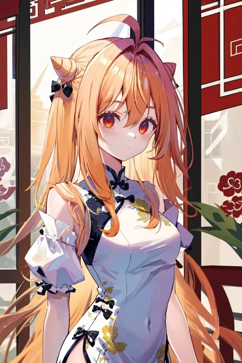 masterpiece, best quality, highres, 1girl hair bun ahoge hair bow <lora:terakomari_gandesblood_no_outfit:1> china dress