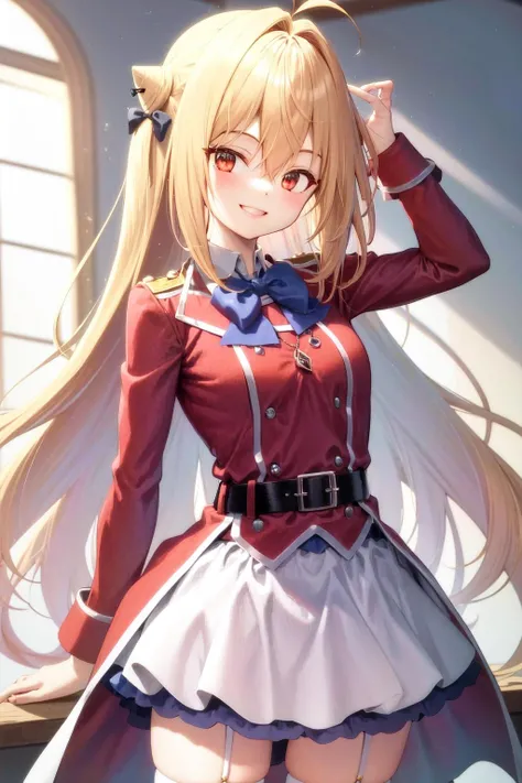 masterpiece, best quality, highres, 1girl hair bun ahoge hair bow, red jacket necklace white skirt black belt blue bowtie white thighhighs garter straps <lora:terakomari_gandesblood:1> smile