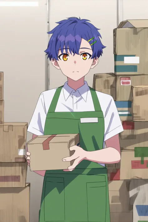 masterpiece, best quality, asanaka yomogi, 1boy, male focus,solo, blue hair, orange eyes, beautiful detailed face, beautiful detailed eyes, hair ornament, looking at viewer, apron, white shirt, green apron, holding box, employee uniform, indoors,