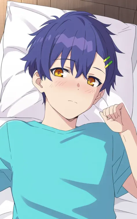 masterpiece, best quality, asanaka yomogi, 1boy, male focus,solo, blue hair, orange eyes, hair ornament, blush, looking at viewer, pillow, lying, closed mouth,