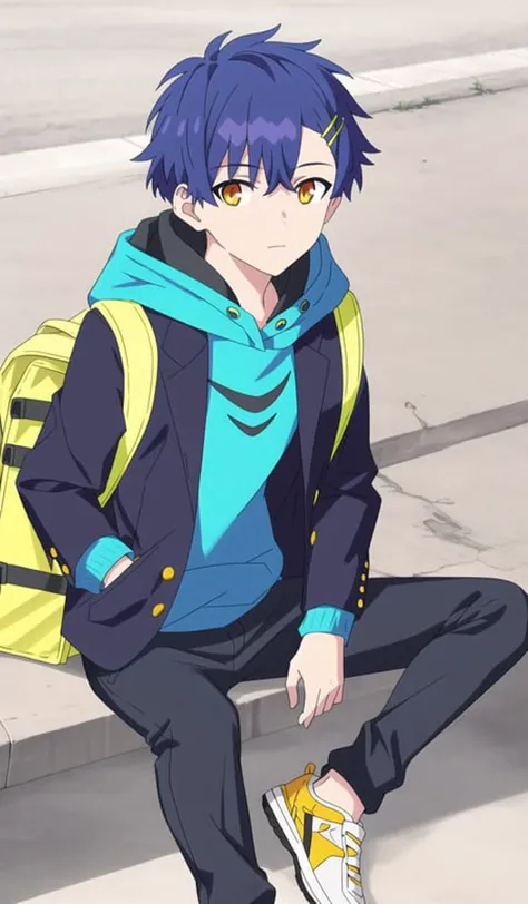masterpiece, best quality, asanaka yomogi, 1boy, solo, male focus, blue hair, orange eyes, hair ornament, looking at viewer, blue hoodie, black jacket, black pants, sneakers, yellow backpack