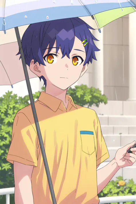 masterpiece, best quality, asanaka yomogi, 1boy, male focus,solo, blue hair, orange eyes, beautiful detailed face, beautiful detailed eyes, hair ornament, looking at viewer, yellow shirt, rain, upper body, holding umbrella, closed mouth, outdoors