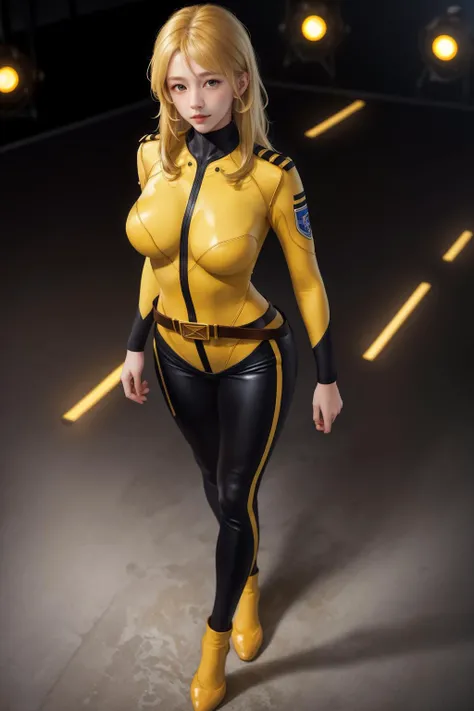 highres,absurdres,masterpiece,best quality,original,extremely detailed CG,extremely detailed wallpaper,perfect lighting,standing on the stage,blurry background,(from above),looking at viewer,
<lora:spacebattleship_mori:0.75>,mori yuki,blonde hair,yellow bodysuit,skin tight,belt,