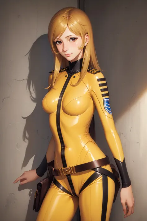 (masterpiece, best quality:1.2), <lyco:spacebattleship_mori-11:1.0>, cowboy shot, solo, 1girl, mori yuki, slight smile, closed mouth, looking at viewer, blonde hair, yellow bodysuit, skin tight, belt