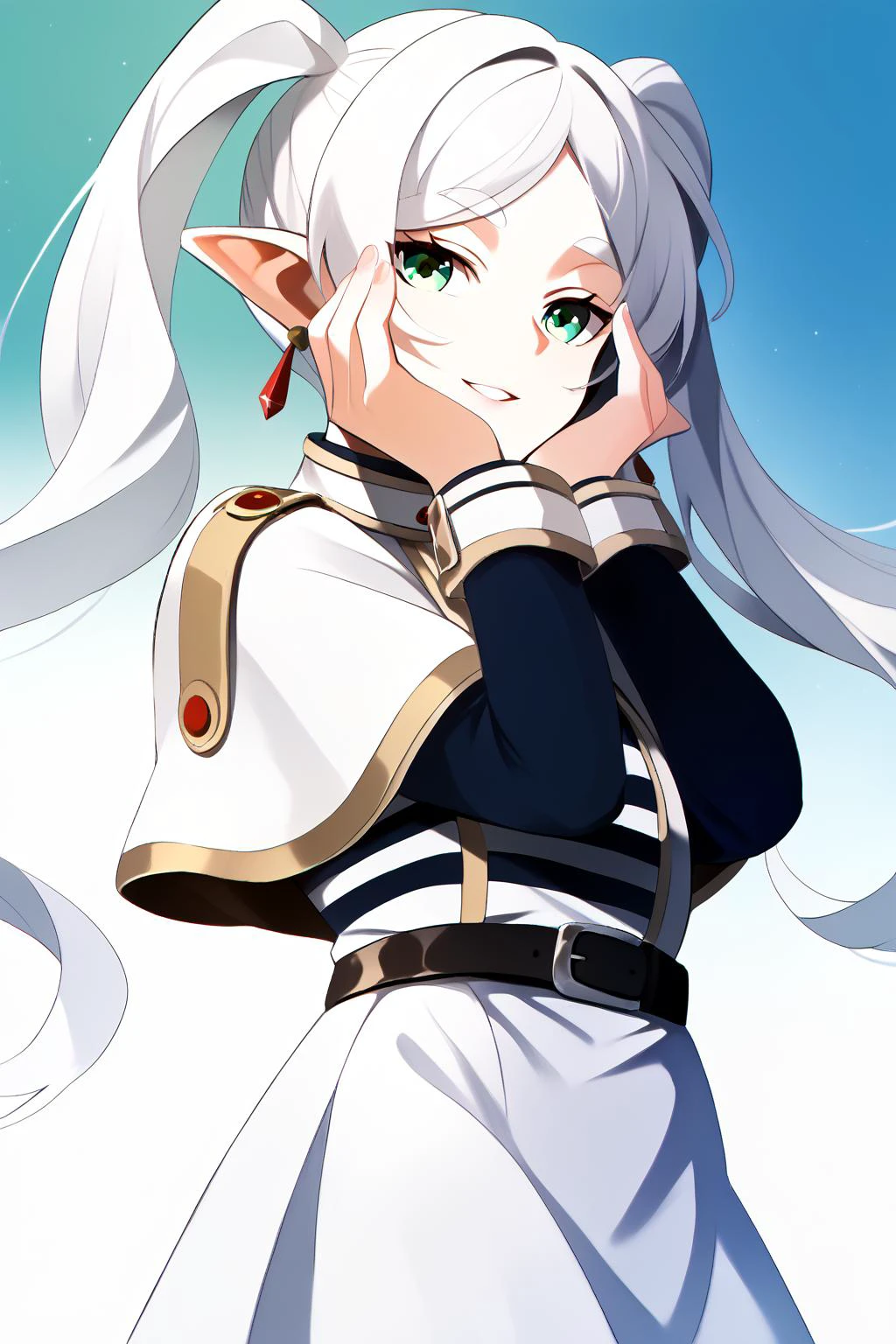 <lora:yandere_trance_v1_pruned:1>yandere trance <lora:ChamFrierenPonyXL:1> Frieren,green eyes,white hair,long hair,twintails, earrings,small chest, flat,FrierenBase, white capelet, striped shirt, long sleeves, belt, white skirt, black pantyhose, Score_9, Score_8_up, Score_7_up, Score_6_up, Score_5_up, Score_4_up, BREAK,1girl in full growth, best quality, masterpiece, ultra-detailed, high quality,good quality,1 girl,(master piece,high resolution, ultra detailed,8K,16K),look at viewer