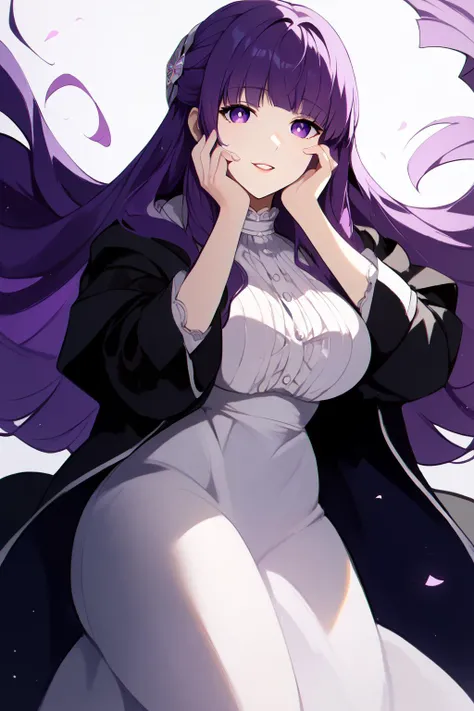 <lora:yandere_trance_v1_pruned:1>yandere trance <lora:ChamFernPonyXL:1> FernFrieren,purple eyes,purple hair, long hair,half updo,hair ornament,large breasts,FernBase,white dress, collared dress, black robe, Score_9, Score_8_up, Score_7_up, Score_6_up, Score_5_up, Score_4_up, BREAK,1girl in full growth, best quality, masterpiece, ultra-detailed, high quality,good quality,1 girl,(master piece,high resolution, ultra detailed,8K,16K),look at viewer