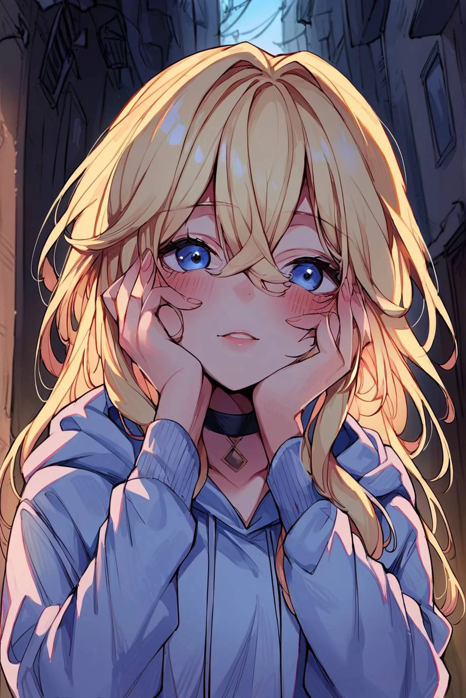 score_9, score_8_up, score_7_up, (source_anime:1.1),
Beautiful Lighting, 1girl, blue eyes, blonde hair, long hair, hair intakes, hair between eyes, (outdoors, alley:1.3), black choker, <lora:c0l0urc0r3XLP2:1>, c0l0urc0r3, dynamic angle,
<lora:yandere_trance_v1_pruned:1>, yandere trance, blush, hoodie,