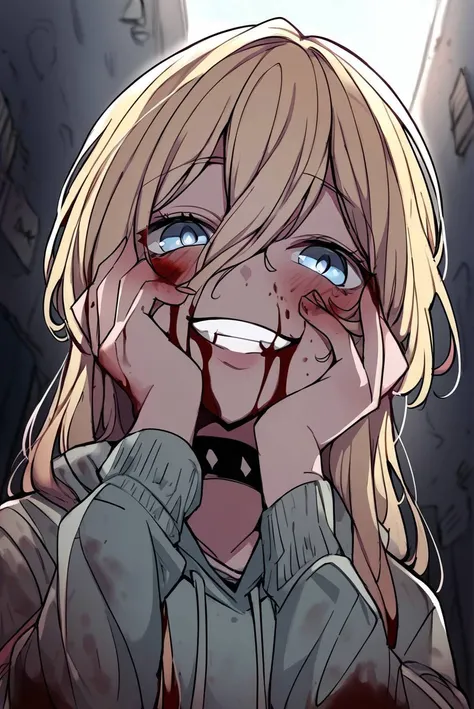 score_9, score_8_up, score_7_up, source_anime,
Beautiful Lighting, 1girl, blue eyes, blonde hair, long hair, hair intakes, hair between eyes, (outdoors, alley:1.3), black choker, <lora:c0l0urc0r3XLP2:1>, c0l0urc0r3, dynamic angle,
<lora:yandere_trance_v1_pruned:1>, yandere trance, blush, hoodie, (blood on face:1.3), (from below:1.2), evil grin, horror (theme),