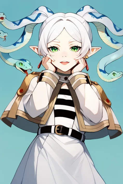 <lora:sn4k3h41rXLP:1>sn4k3h41r, snake hair, <lora:yandere_trance_v1_pruned:1> yandere trance <lora:ChamFrierenPonyXL:1> Frieren,green eyes,white hair,long hair,twintails, earrings,small chest, flat,FrierenBase, white capelet, striped shirt, long sleeves, belt, white skirt, black pantyhose, Score_9, Score_8_up, Score_7_up, Score_6_up, Score_5_up, Score_4_up, BREAK,1girl in full growth, best quality, masterpiece, ultra-detailed, high quality,good quality,1 girl,(master piece,high resolution, ultra detailed,8K,16K),look at viewer