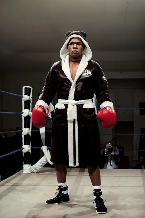Ali768, detailed eyes, on a ((boxingring), boxing gloves, bathrobe with a hood, ultra-sharpness, highest quality, art of Anya Millen, smooth, clear focus, trend on artforum, behance hd, muted colors <lora:Ali768:0.7>
