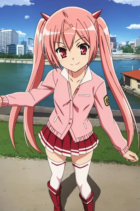 1girl, solo, aria holmes kanzaki (hidan no aria), blouse, pink jacket, pleated skirt, white thighhighs, boots, pink hair, long hair, hairclip. twintails, zettai ryouiki, small breasts, standing, riverside, cityscape, smile, laugh, cute, kawaii, pov, pointing at viewer, <lora:Aria Holmes Kanzaki:0.8>