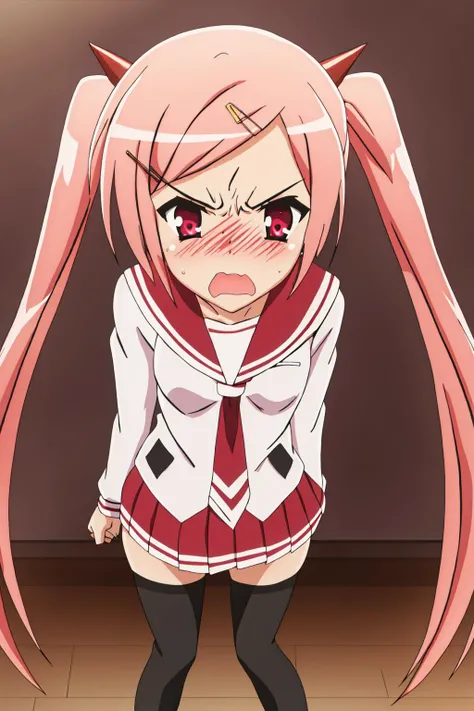 1girl, solo, aria holmes kanzaki (hidan no aria), school uniform, serafuku, pink hair, long hair, hairclip. twintails, (black thighhighs:1.25), zettai ryouiki, small breasts, blushing, embarrassed, angry, cute, kawaii, pov, pointing at viewer, <lora:Aria Holmes Kanzaki:0.8>