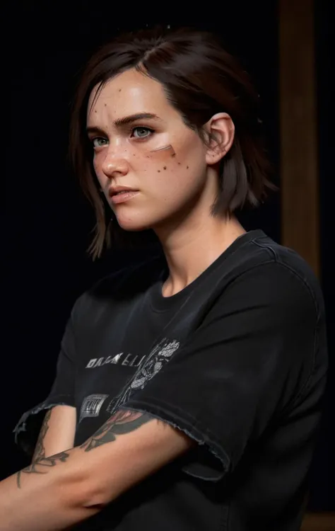 photo of ohxw, ellie, tattoo on left arm, woman, black jeans, close up, , short hair, face details, low key lighting, <lora:2ellie-000003:1>