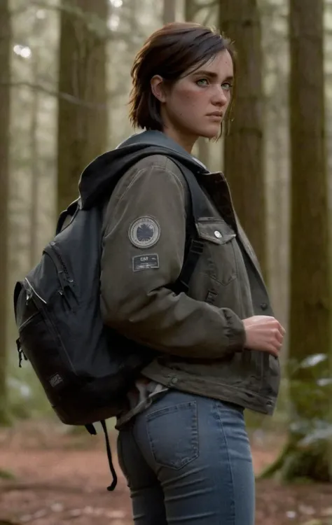 photo of ohxw, ellie, tattoo on left arm, jacket and jeans standing, backpack, short hair, face details, forest, low key lighting, eye level, <lora:2ellie-000003:1>