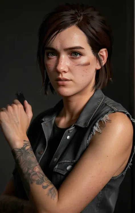 photo of ohxw, ellie, tattoo on left arm, woman, black jeans, close up, , short hair, face details, low key lighting, <lora:2ellie-000003:1>