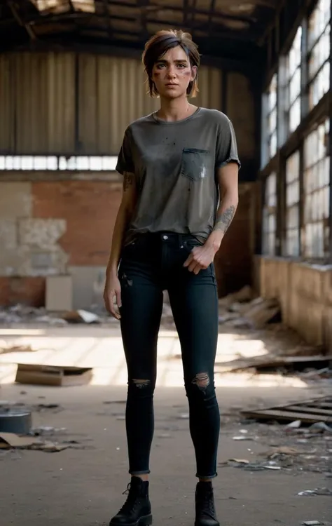photo of ohxw, ellie, tattoo on left arm, woman, black jeans, inside abandoned warehouse, full body, skinny, short hair, face details, low key lighting, <lora:2ellie-000003:1>