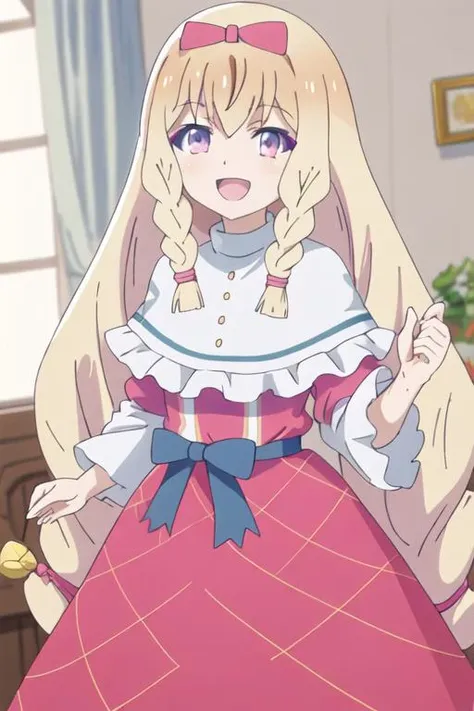 best quality, masterpiece, highres, solo, {noire_foschurose_kumakumakumabear:1.15}, blonde_hair, long_hair, braid, bow, hair_bow, bangs, twin_braids, purple_eyes, smile, blush, open_mouth, 1girl, :d, capelet, red_bow, white_capelet, hair_between_eyes, upper_body, dress