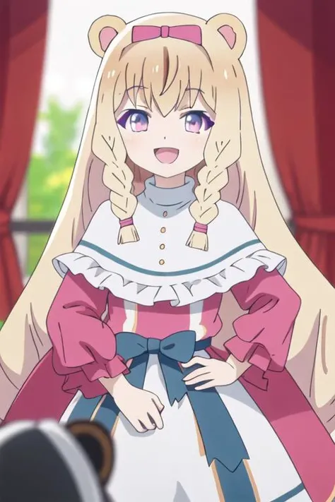 best quality, masterpiece, highres, solo, {noire_foschurose_kumakumakumabear:1.15}, blonde_hair, long_hair, braid, bow, hair_bow, bangs, twin_braids, purple_eyes, smile, blush, open_mouth, 1girl, animal_hood, bear_ears, blurry, blurry_background, hood, hood_up, indoors, animal_costume, animal_ears, curtains, depth_of_field, upper_body, :d, flower, hands_on_hips, kigurumi, long_sleeves